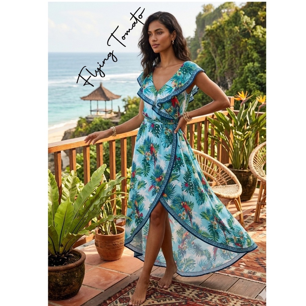 Flying Tomato Tropical Parrot Print High Low Maxi Dress Blue Small Maximalist